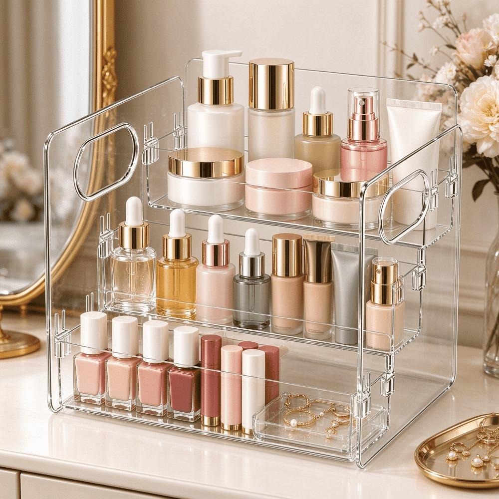 Home Essentials Bathroom Storage - 3-laags, transparant acryl make-uprek met handgrepen,
